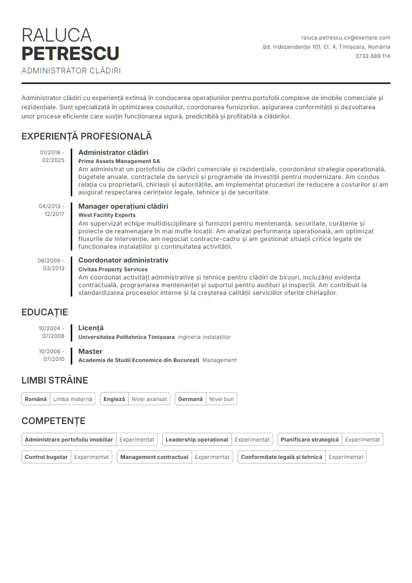 Exemplu CV Administrator clădiri - Raluca Petrescu
