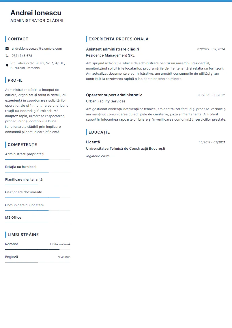 Exemplu CV Administrator clădiri - Andrei Ionescu