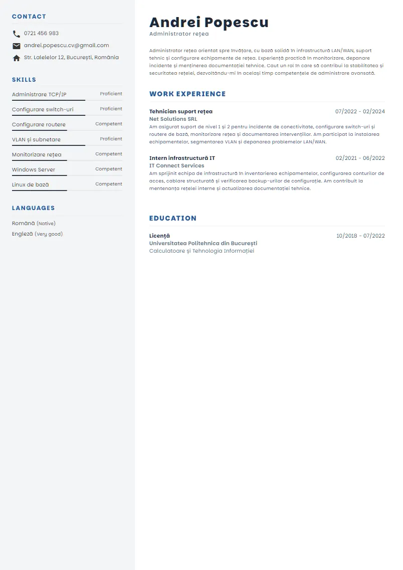 Exemplu CV Administrator rețea - Andrei Popescu