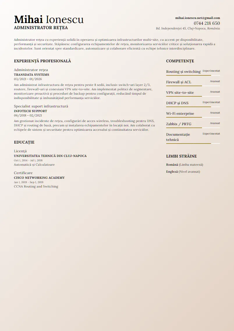 Exemplu CV Administrator rețea - Mihai Ionescu