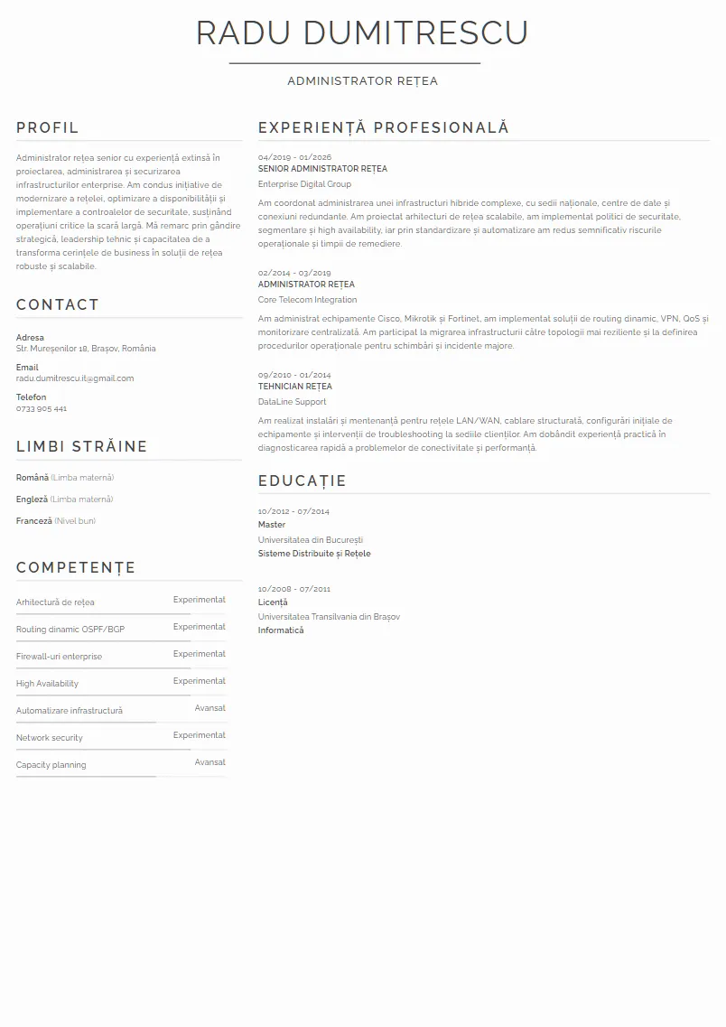 Exemplu CV Administrator rețea - Radu Dumitrescu