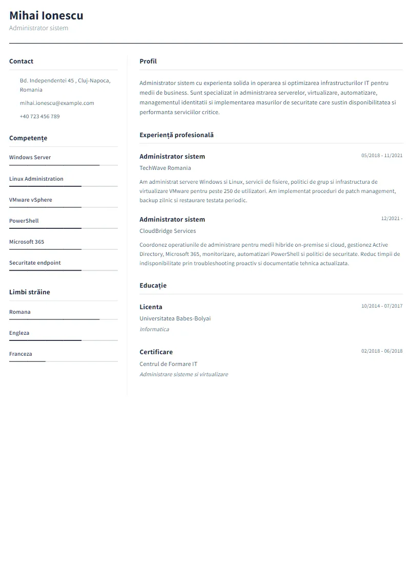 Exemplu CV Administrator sistem - Mihai Ionescu