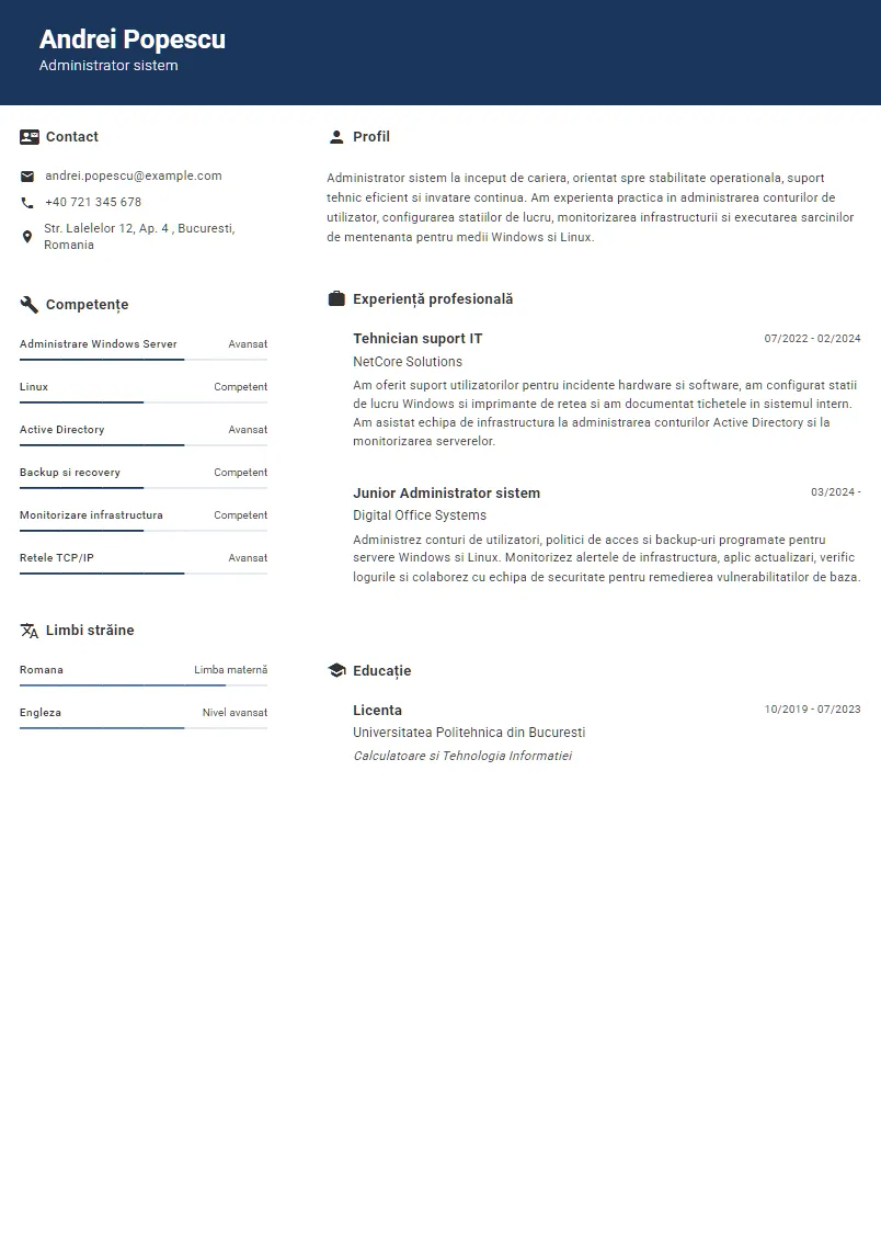 Exemplu CV Administrator sistem - Andrei Popescu