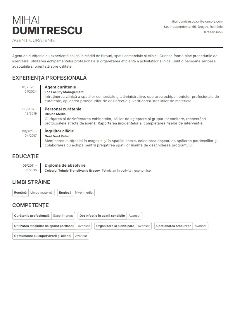 Exemplu CV Agent curățenie - Mihai Dumitrescu