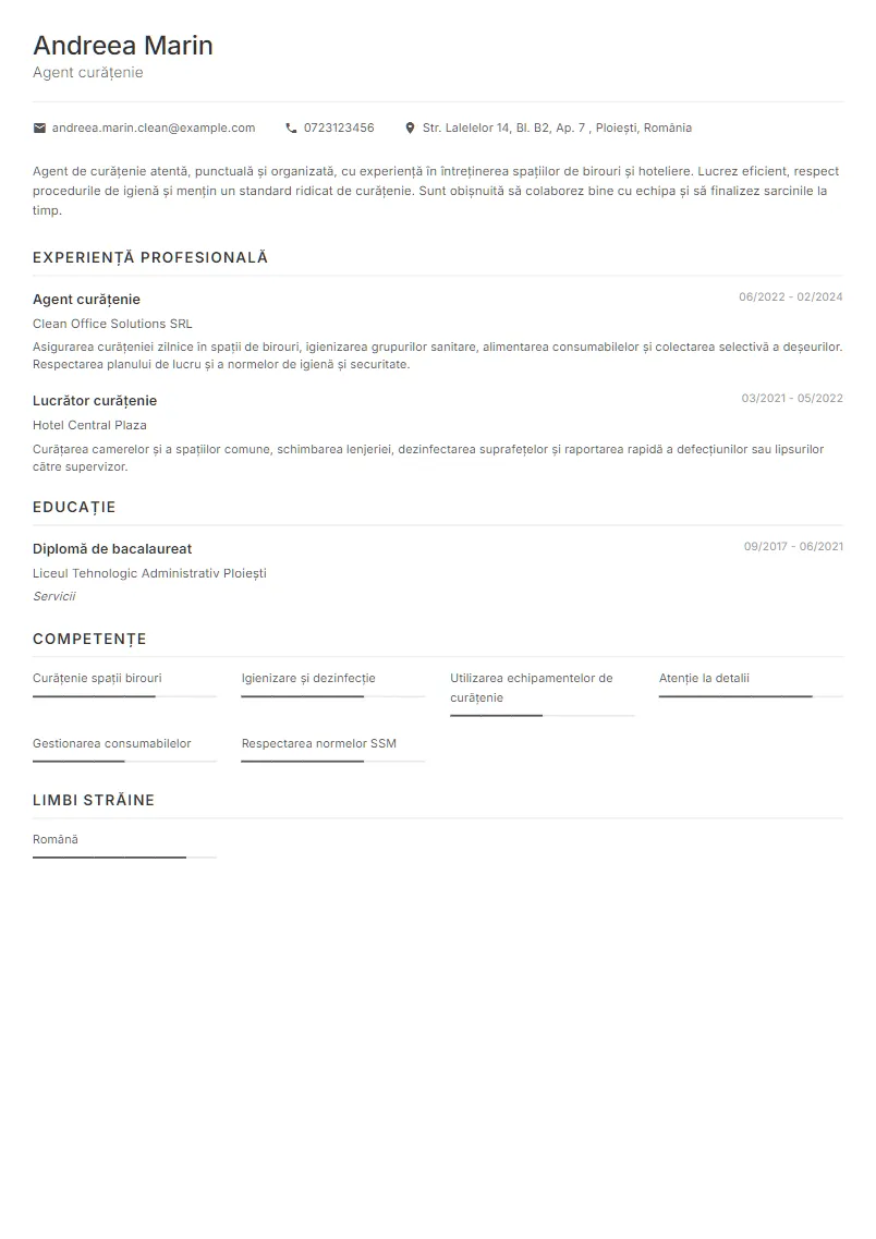 Exemplu CV Agent curățenie - Andreea Marin