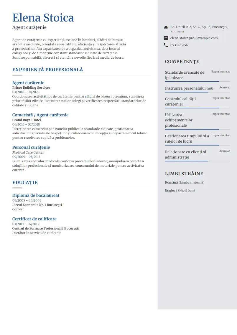 Exemplu CV Agent curățenie - Elena Stoica