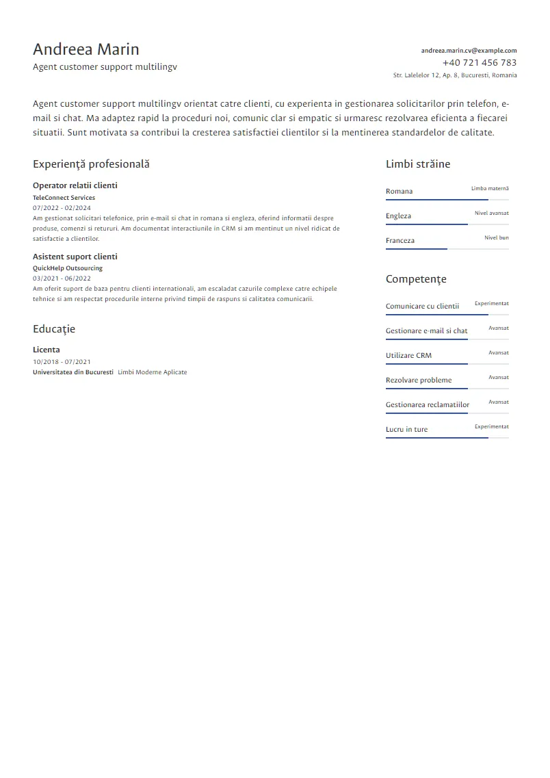 Exemplu CV Agent customer support multilingv - Andreea Marin