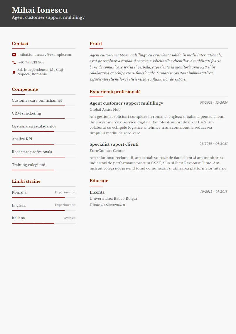 Exemplu CV Agent customer support multilingv - Mihai Ionescu