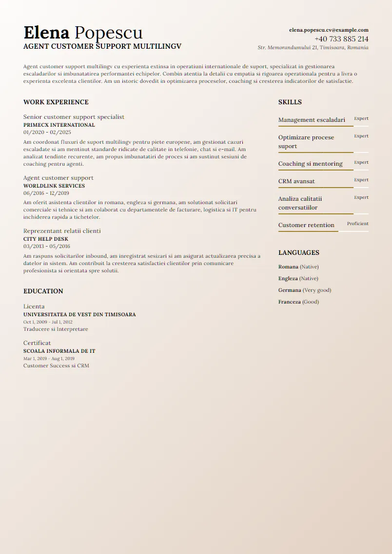 Exemplu CV Agent customer support multilingv - Elena Popescu