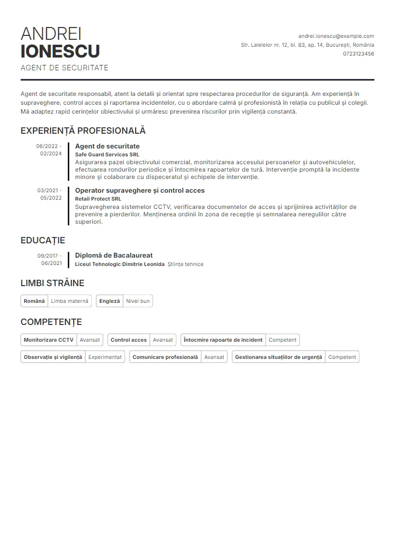 Exemplu CV Agent de securitate - Andrei Ionescu