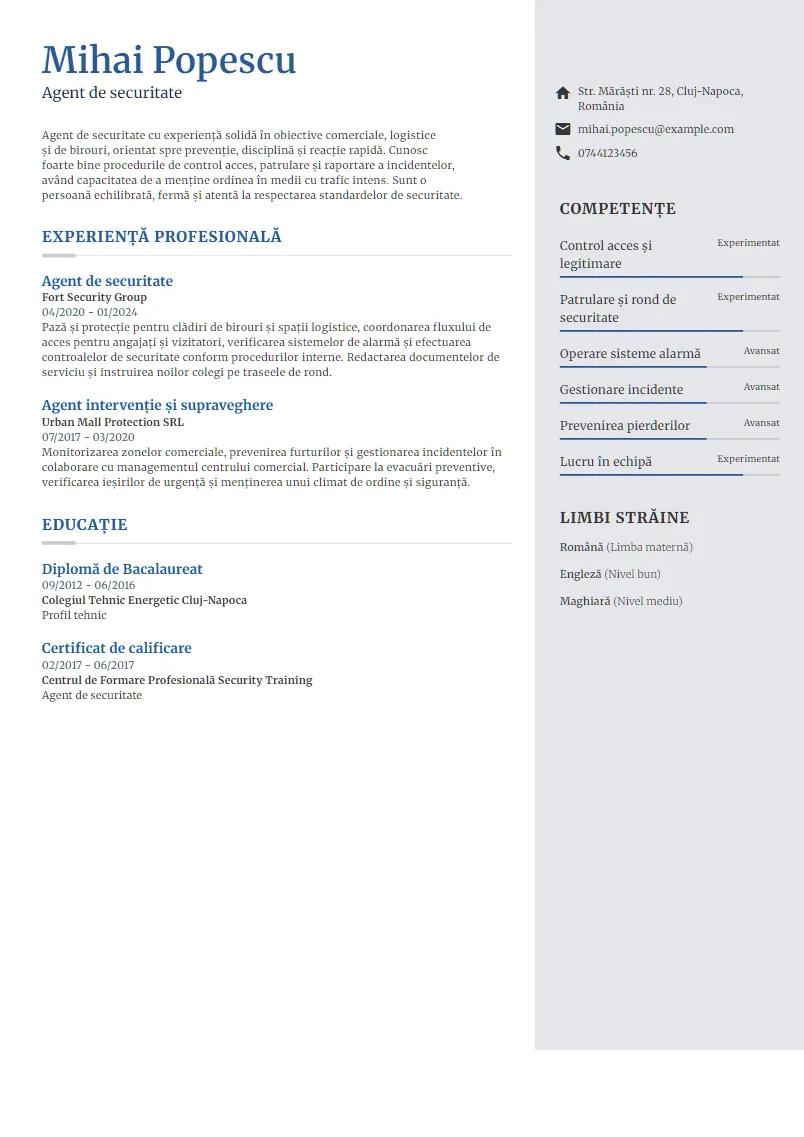 Exemplu CV Agent de securitate - Mihai Popescu