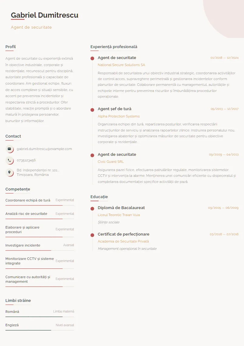 Exemplu CV Agent de securitate - Gabriel Dumitrescu