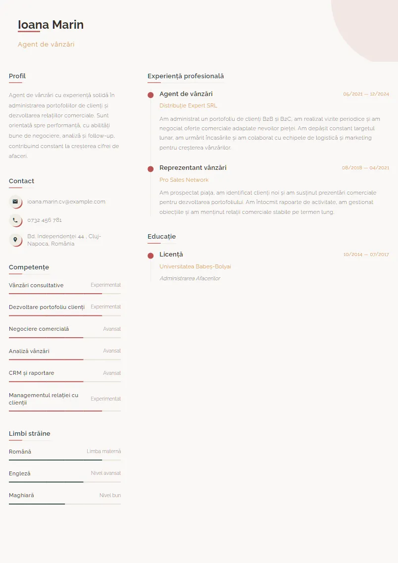 Exemplu CV Agent de vânzări - Ioana Marin
