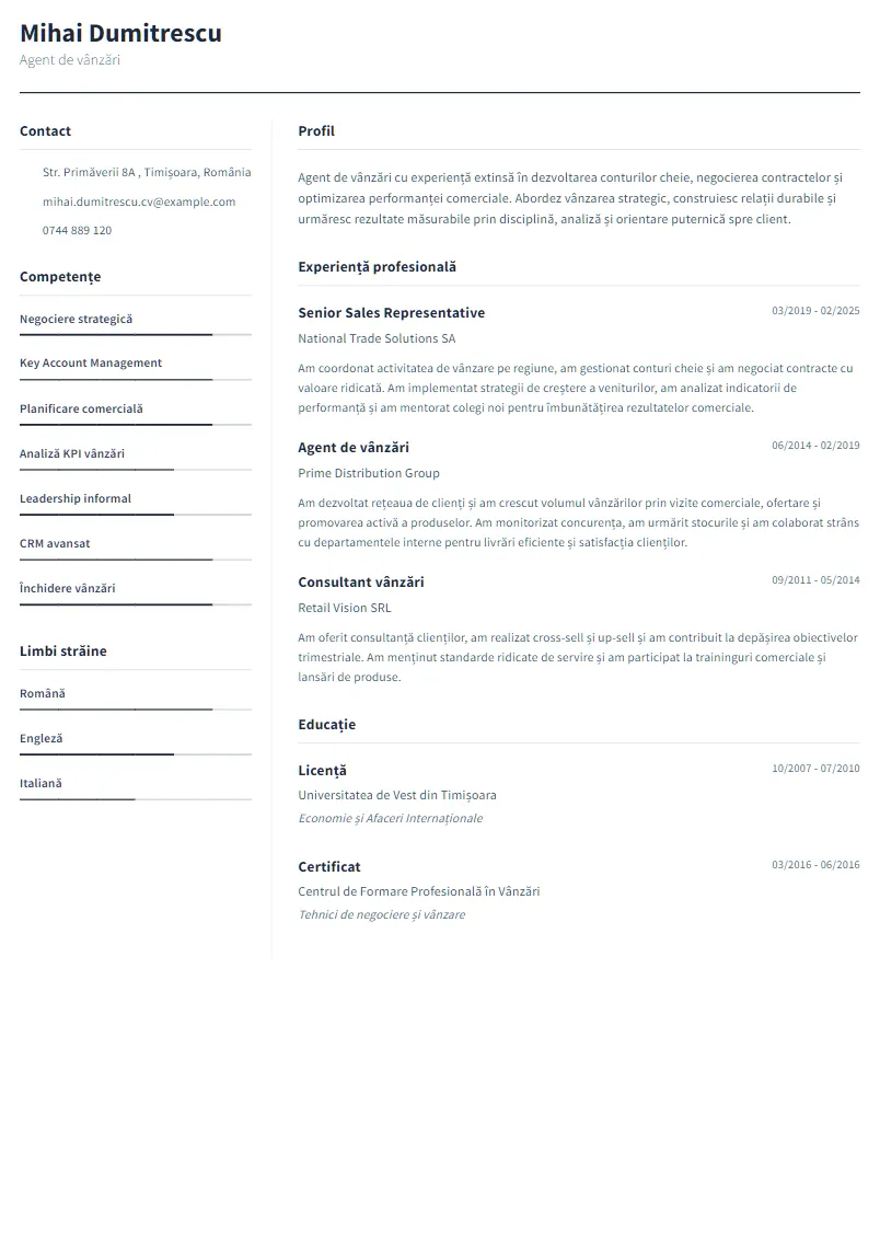 Exemplu CV Agent de vânzări - Mihai Dumitrescu