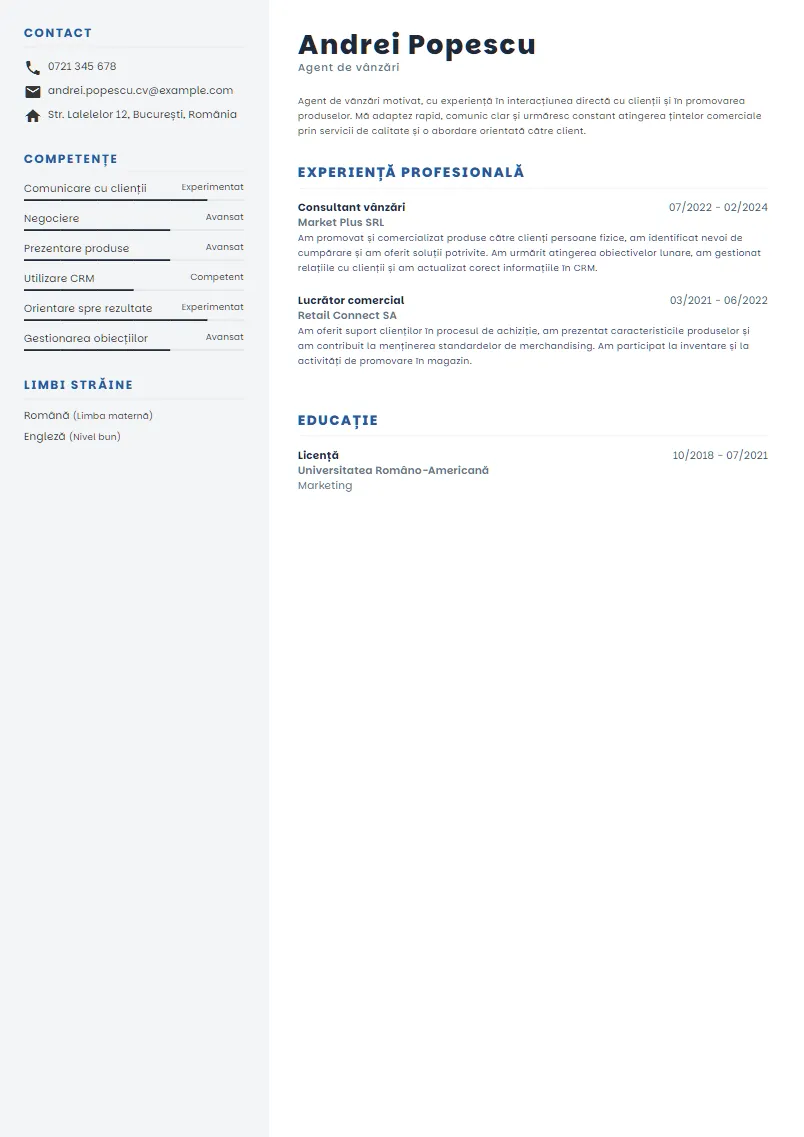 Exemplu CV Agent de vânzări - Andrei Popescu