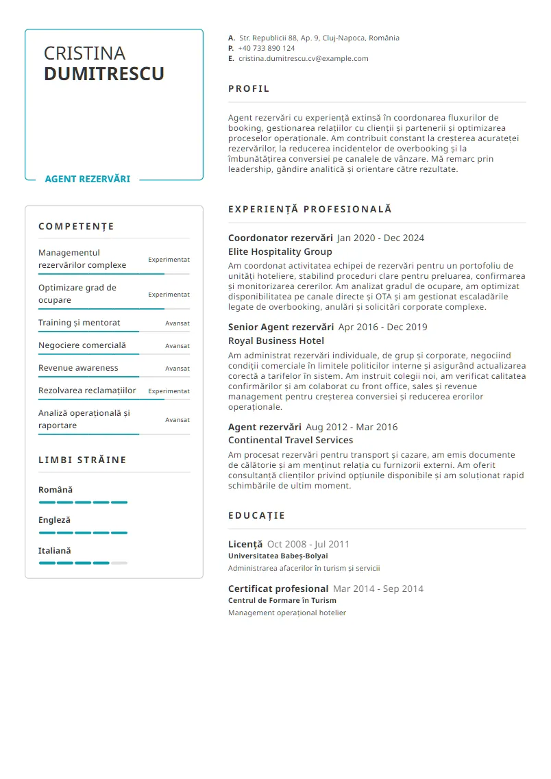 Exemplu CV Agent rezervări - Cristina Dumitrescu