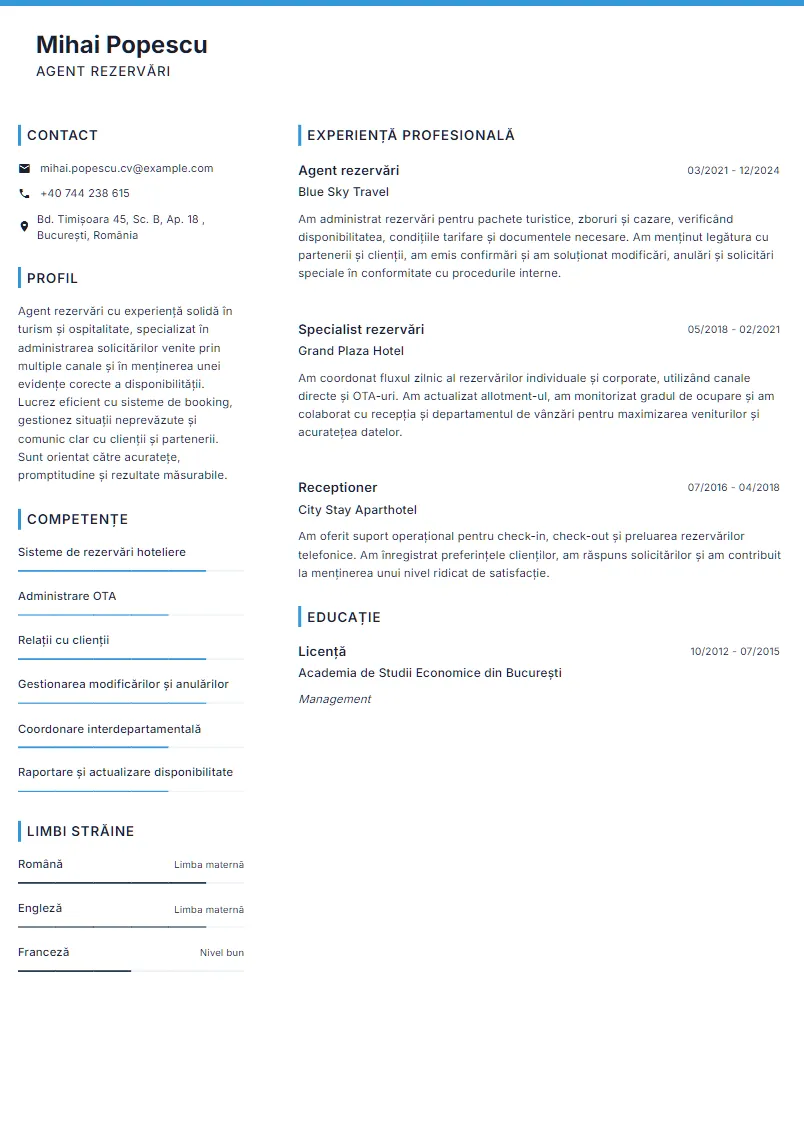 Exemplu CV Agent rezervări - Mihai Popescu
