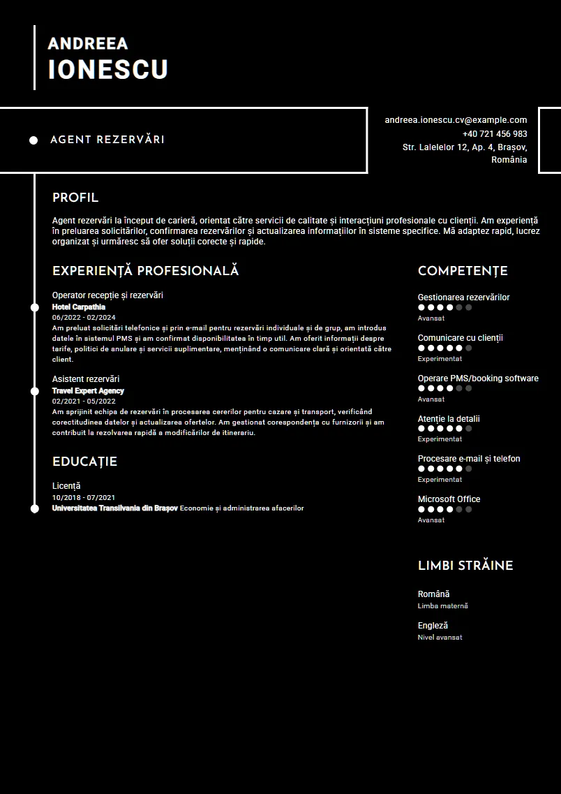 Exemplu CV Agent rezervări - Andreea Ionescu