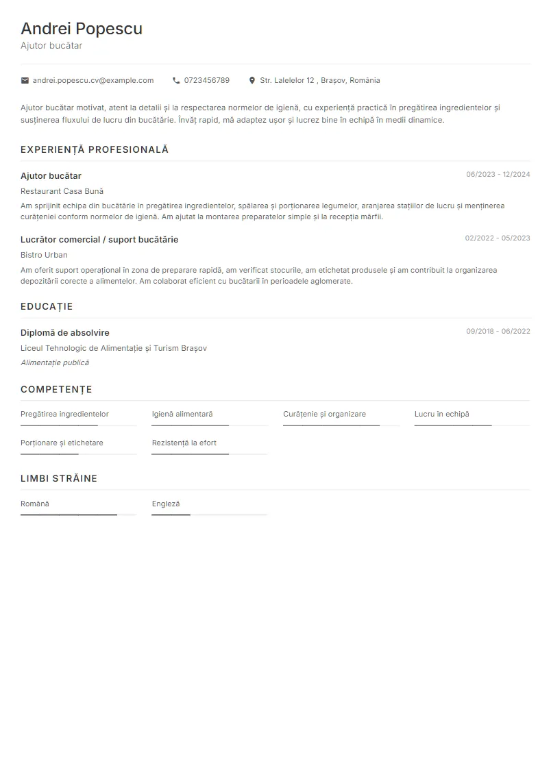 Exemplu CV Ajutor bucătar - Andrei Popescu