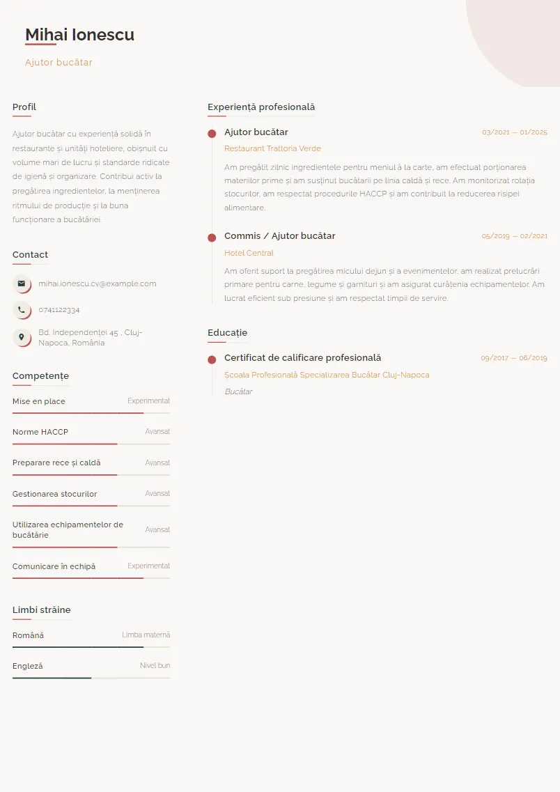 Exemplu CV Ajutor bucătar - Mihai Ionescu