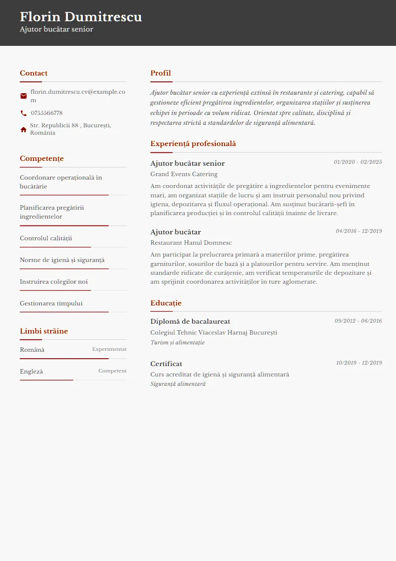 Exemplu CV Ajutor bucătar senior - Florin Dumitrescu