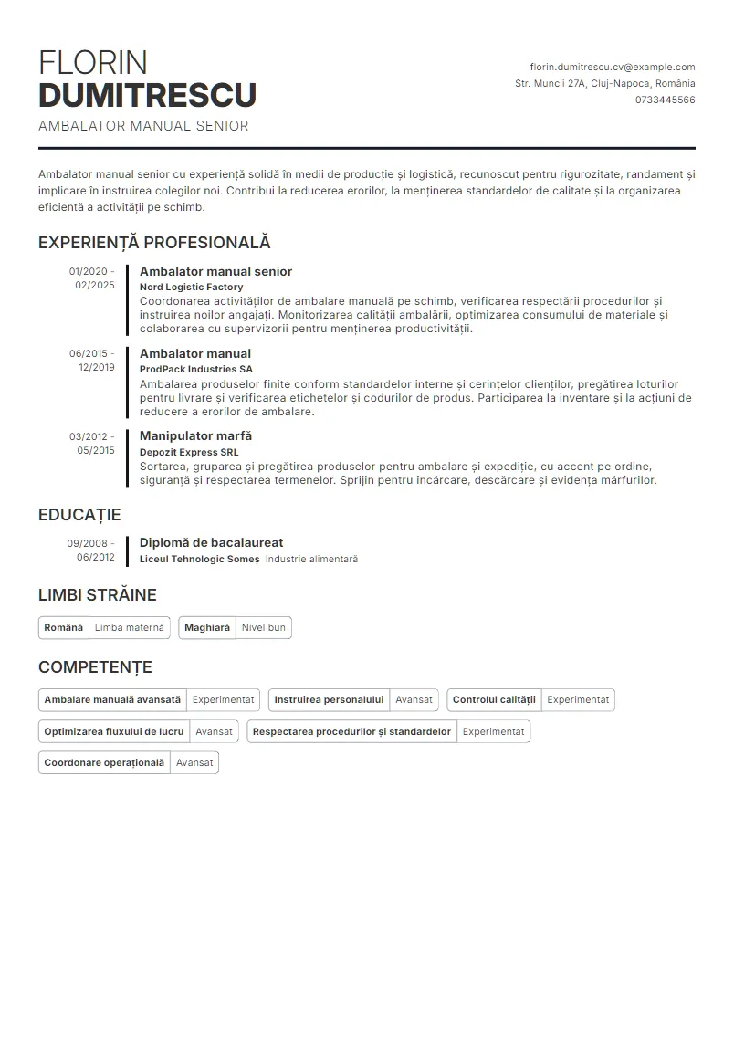 Exemplu CV Ambalator manual senior - Florin Dumitrescu
