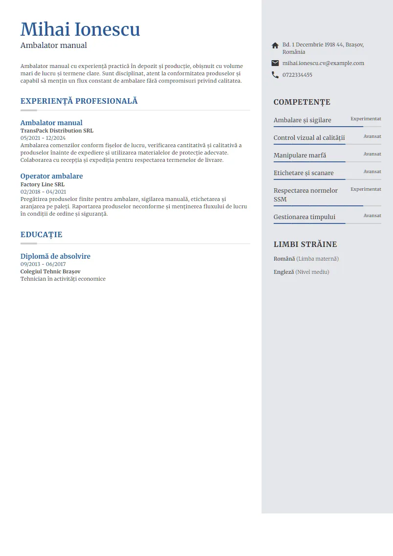 Exemplu CV Ambalator manual - Mihai Ionescu