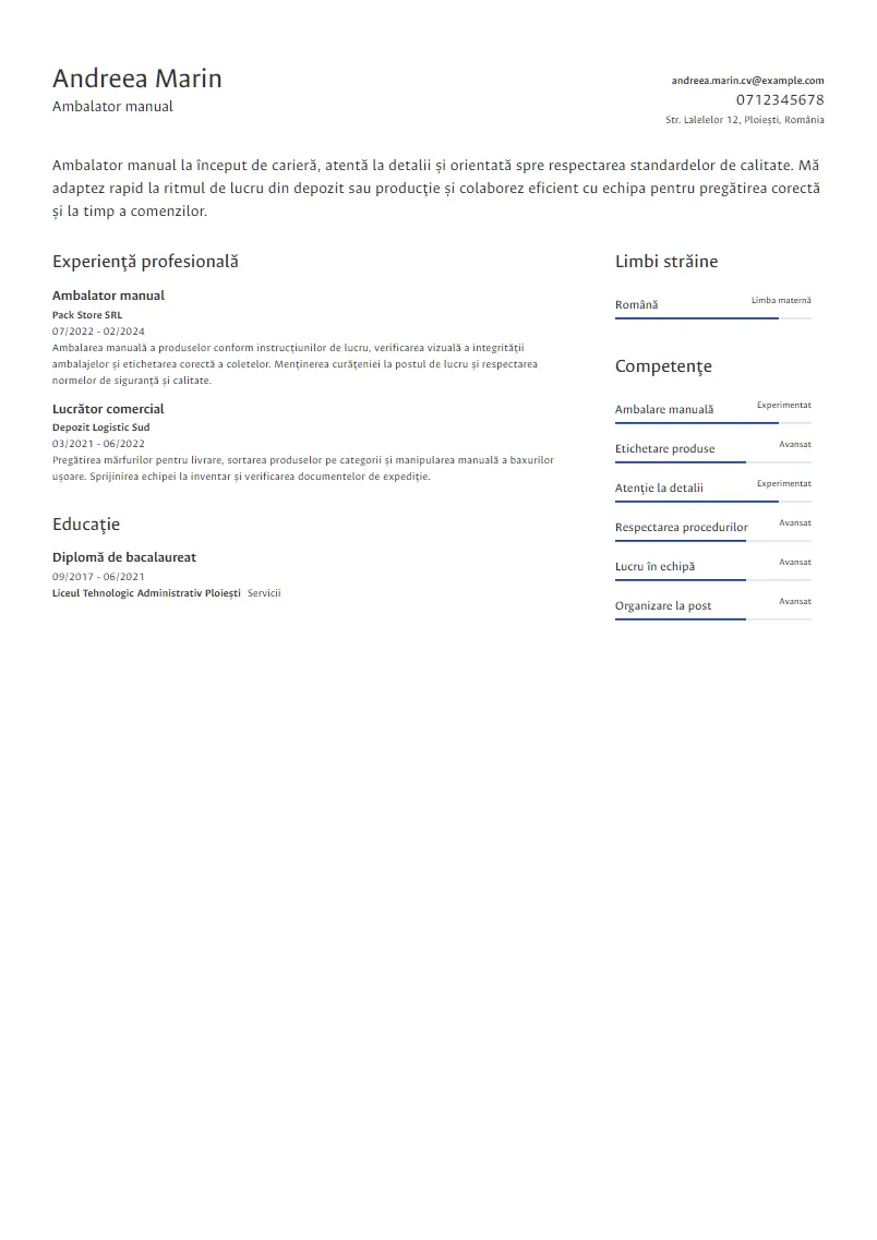 Exemplu CV Ambalator manual - Andreea Marin