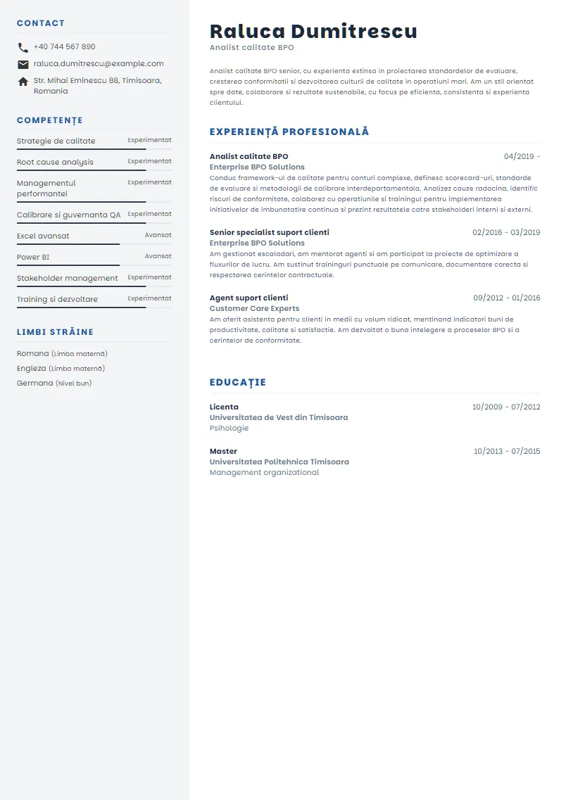 Exemplu CV Analist calitate BPO - Raluca Dumitrescu
