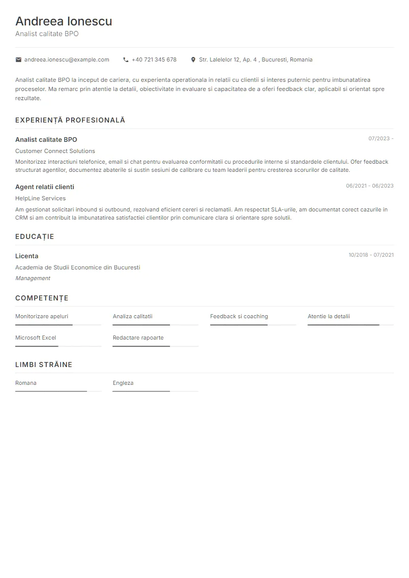 Exemplu CV Analist calitate BPO - Andreea Ionescu