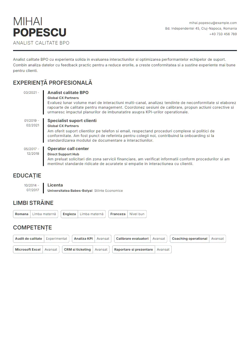 Exemplu CV Analist calitate BPO - Mihai Popescu