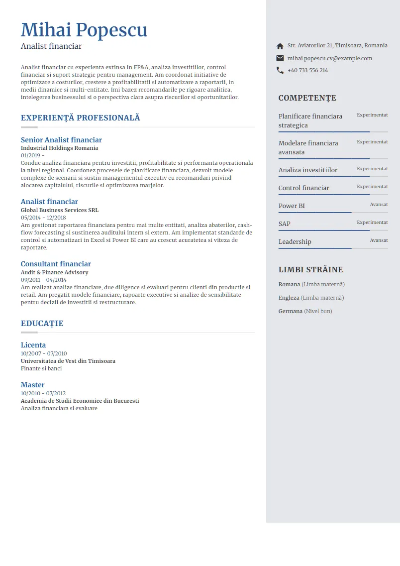 Exemplu CV Analist financiar - Mihai Popescu