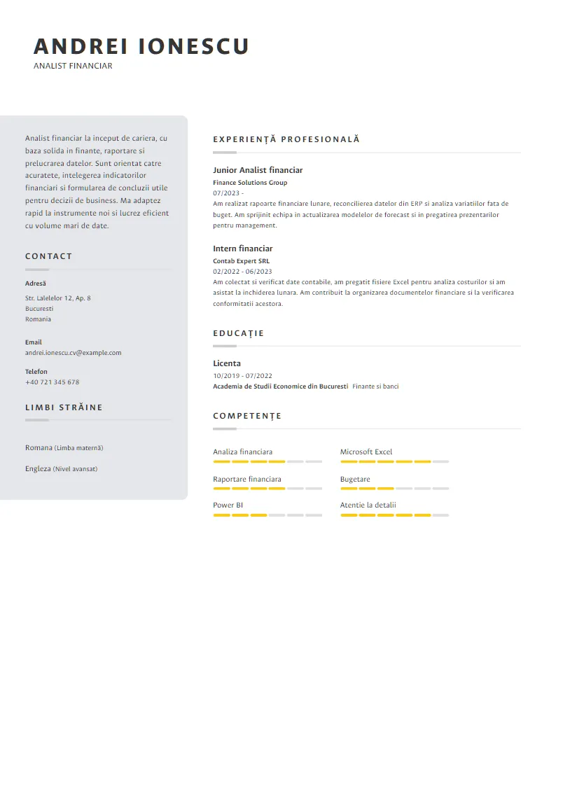 Exemplu CV Analist financiar - Andrei Ionescu