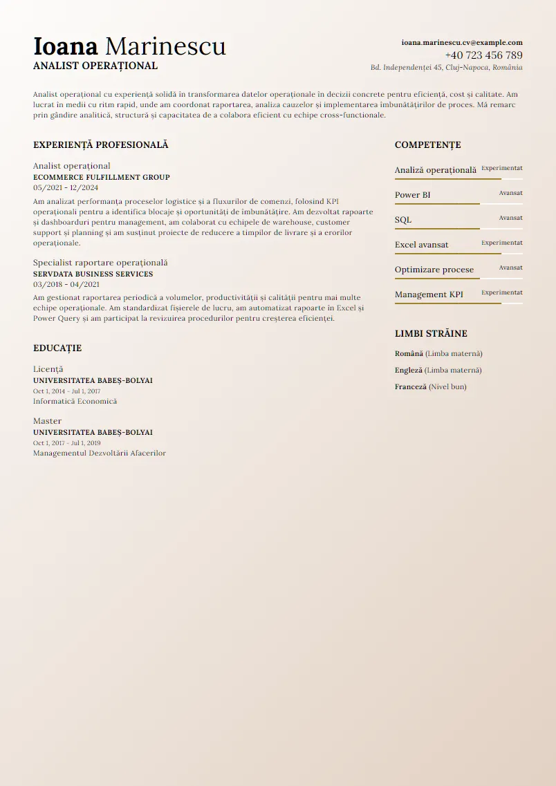 Exemplu CV Analist operațional - Ioana Marinescu