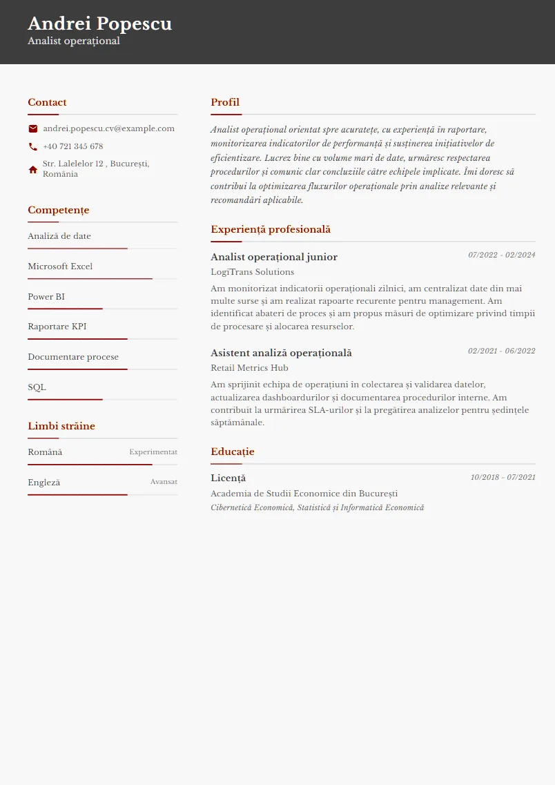 Exemplu CV Analist operațional - Andrei Popescu