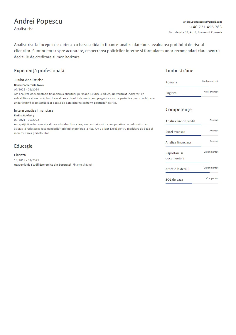 Exemplu CV Analist risc - Andrei Popescu