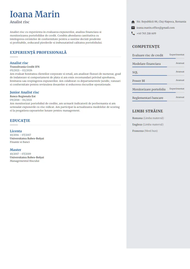 Exemplu CV Analist risc - Ioana Marin