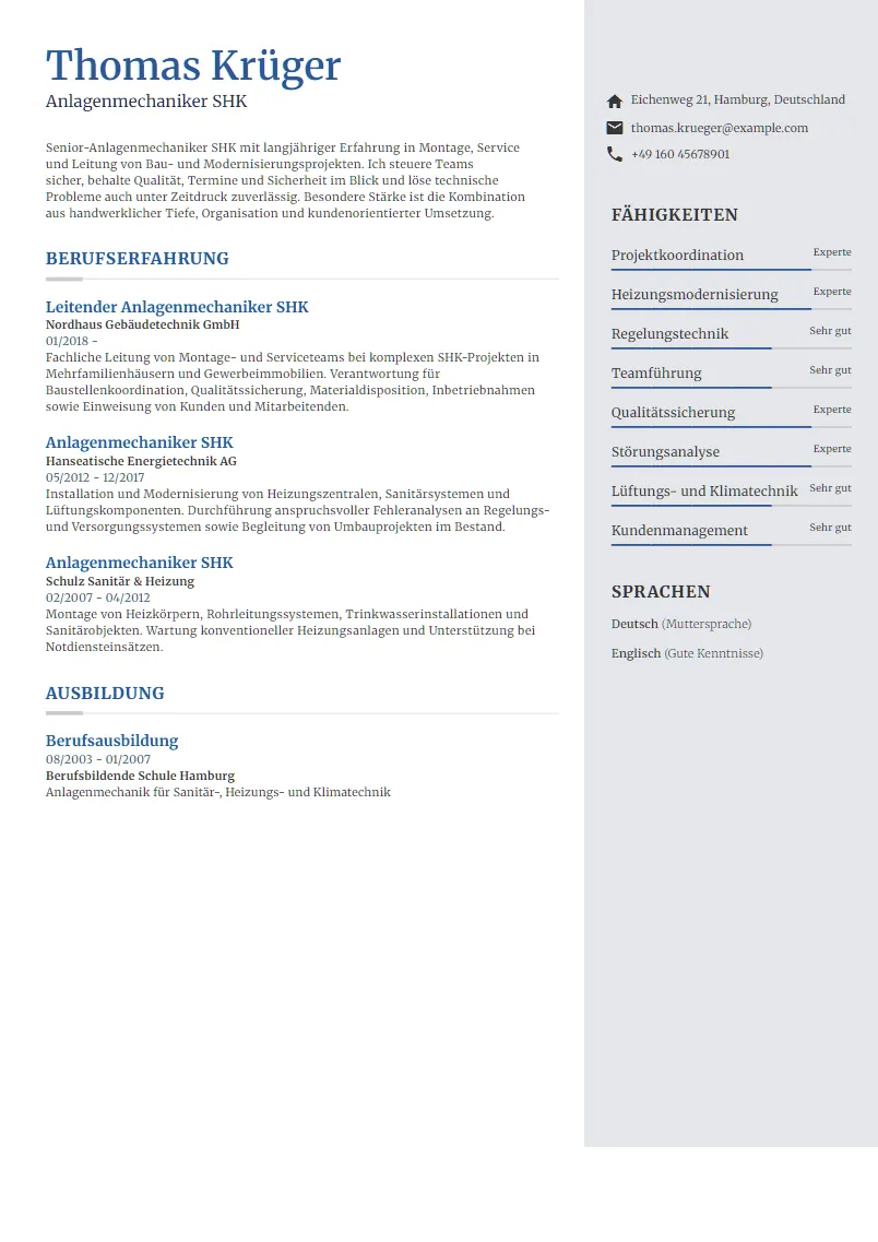 Lebenslauf Beispiel Anlagenmechaniker SHK - Thomas Krüger
