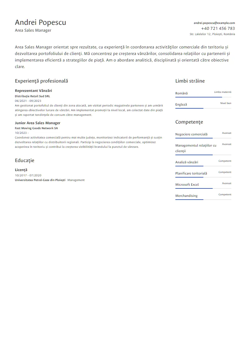 Exemplu CV Area Sales Manager - Andrei Popescu