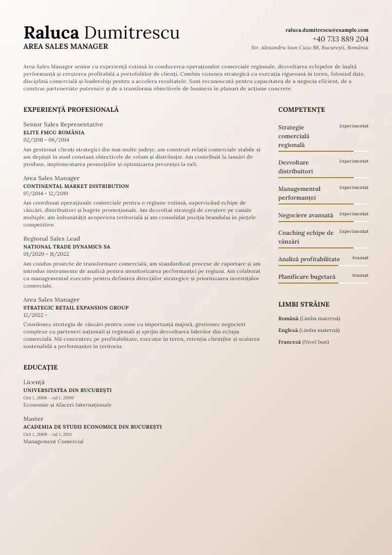 Exemplu CV Area Sales Manager - Raluca Dumitrescu