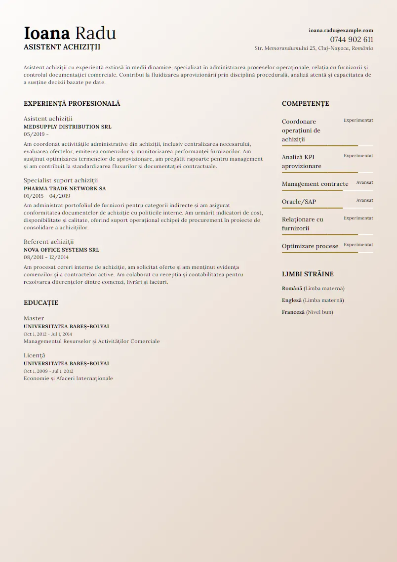 Exemplu CV Asistent achiziții - Ioana Radu