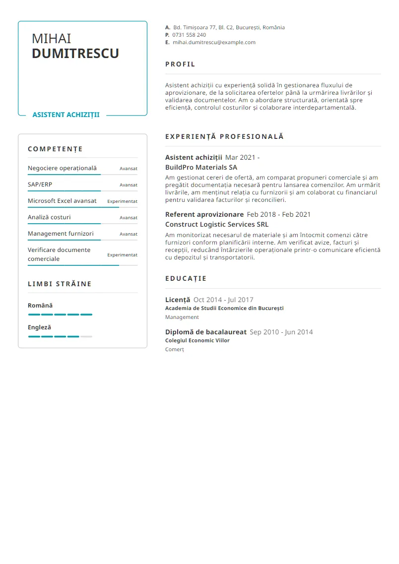 Exemplu CV Asistent achiziții - Mihai Dumitrescu