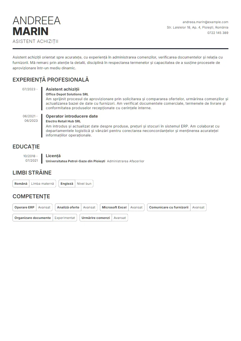 Exemplu CV Asistent achiziții - Andreea Marin