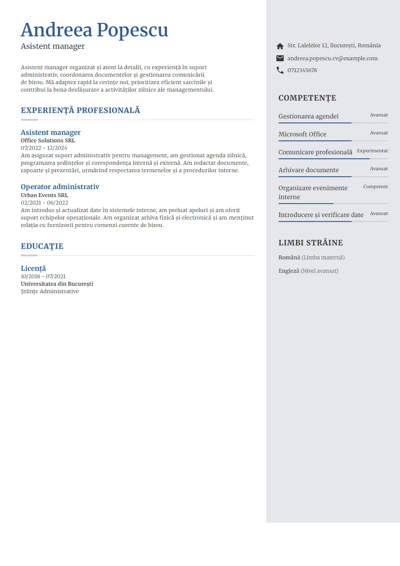 Exemplu CV Asistent manager - Andreea Popescu