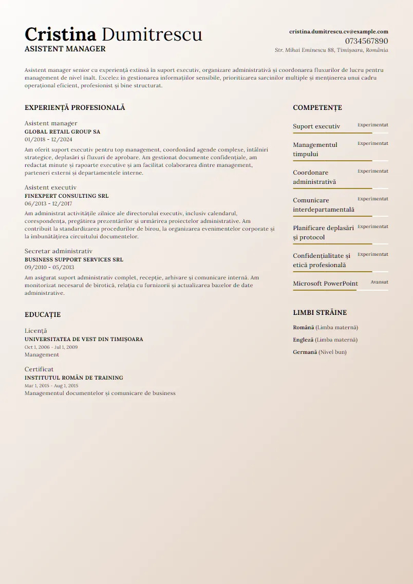 Exemplu CV Asistent manager - Cristina Dumitrescu