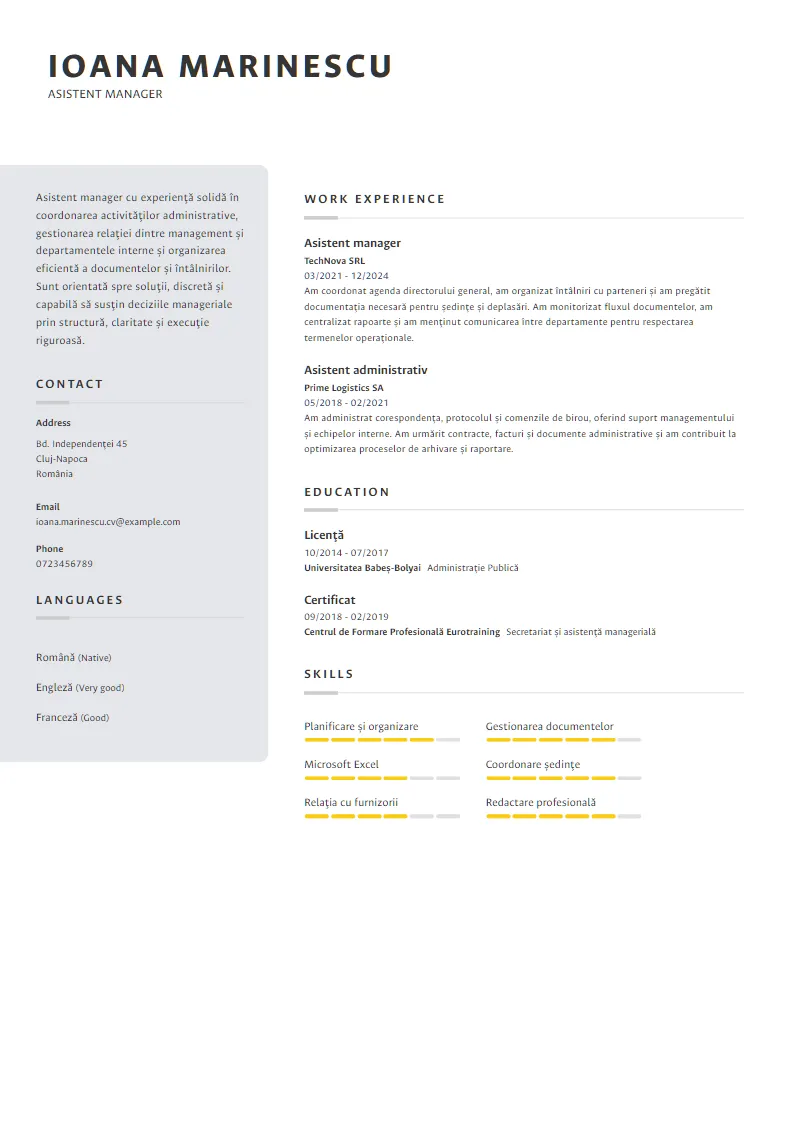 Exemplu CV Asistent manager - Ioana Marinescu