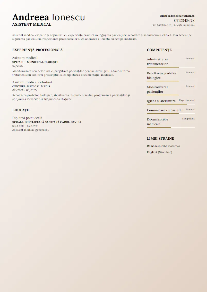 Exemplu CV Asistent medical - Andreea Ionescu