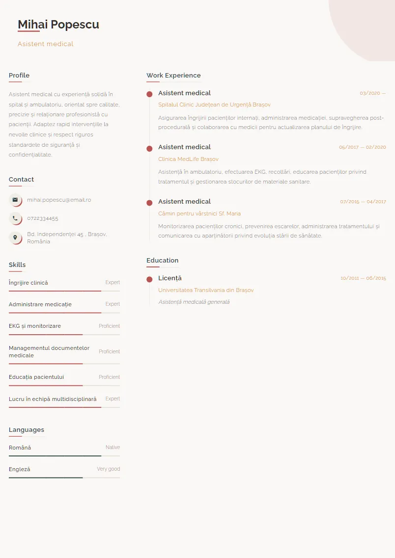 Exemplu CV Asistent medical - Mihai Popescu