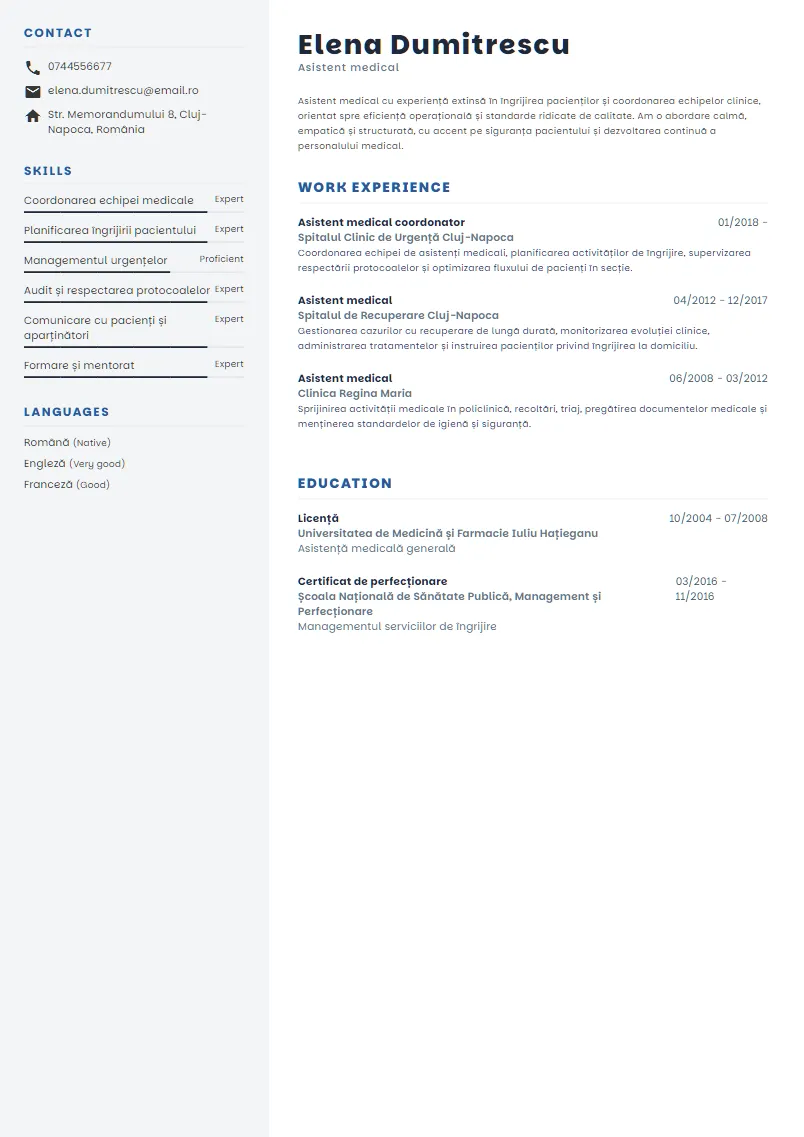 Exemplu CV Asistent medical - Elena Dumitrescu