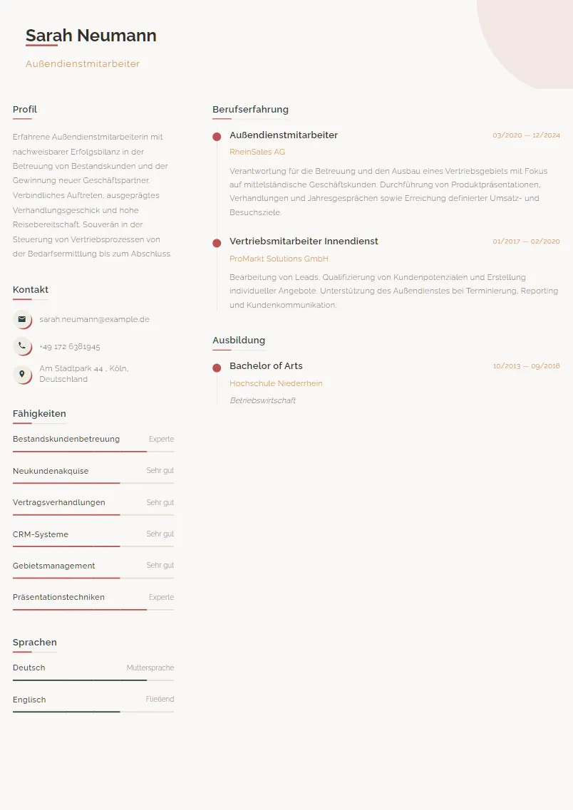 Lebenslauf Beispiel Außendienstmitarbeiter - Sarah Neumann